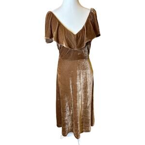 Line + Dot | Tan Brown Flutter Sleeve Velvet Fit & Flare Dress | Small